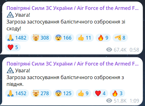 Скриншот повідомлення з телеграм-каналу "Повітряні сили ЗС України"