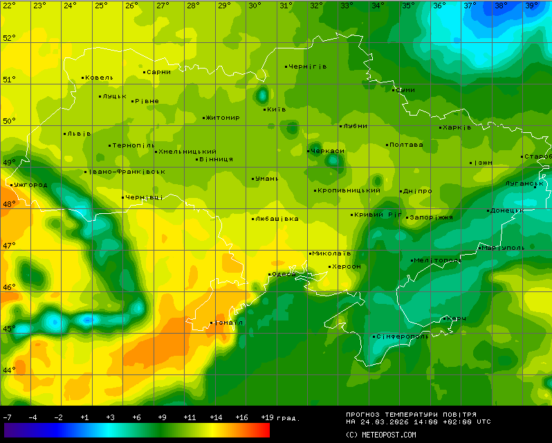 Карта з прогнозом температури повітря в Україні на 14:00 у вівторок, 24 березня, 2026 року