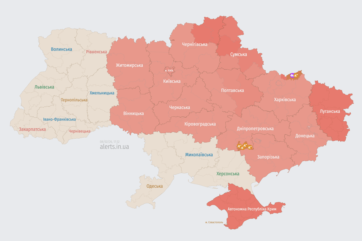 Карта повітряних тривог 8 лютого
