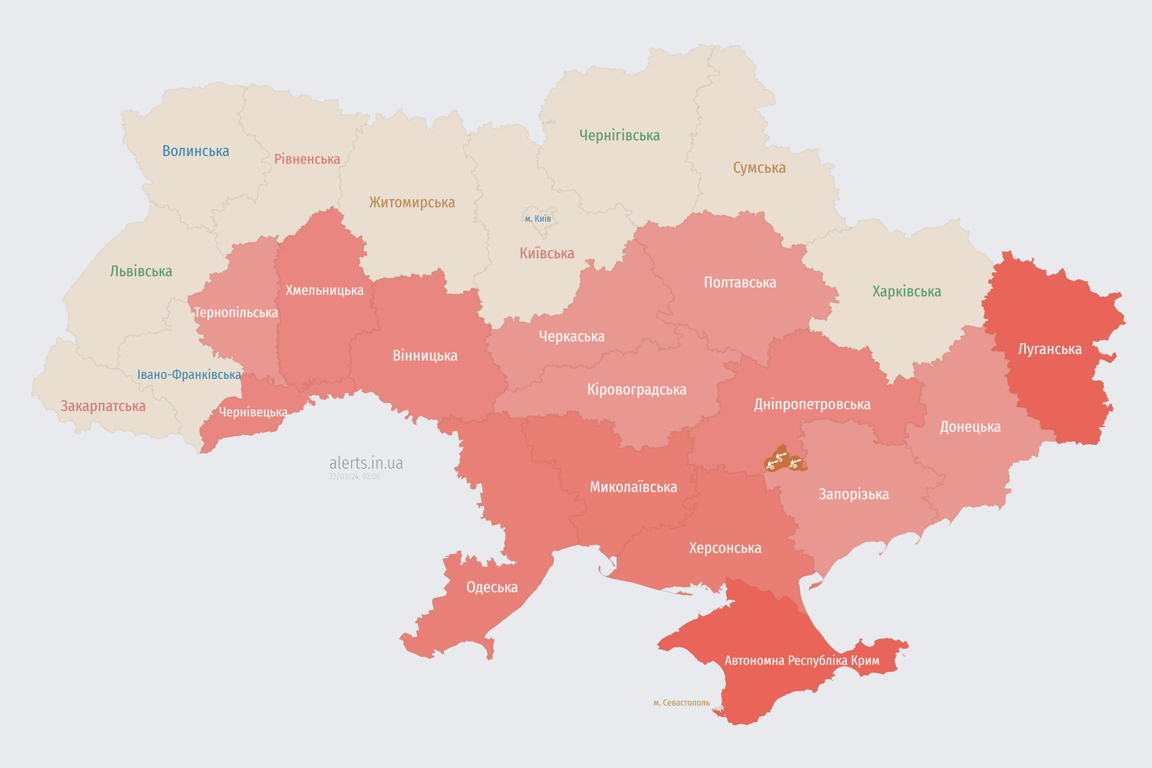 Карта воздушной тревоги в Украине сегодня, 22 марта