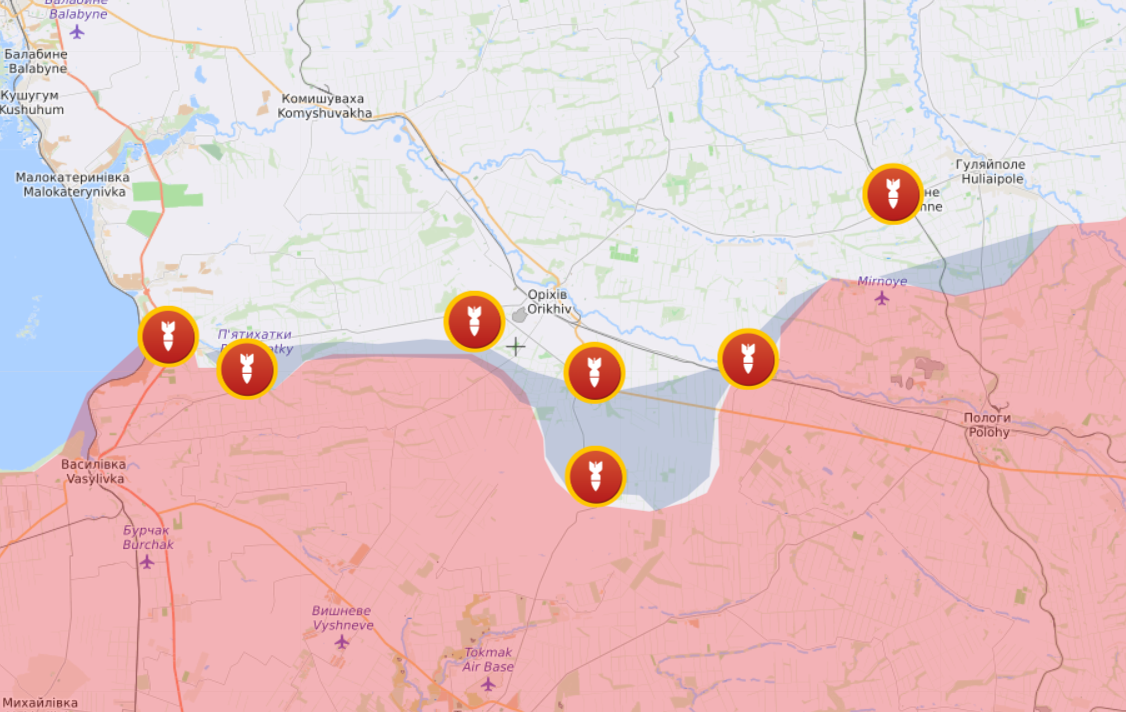 Карта боевых действий в Запорожском направлении от Liveuamap