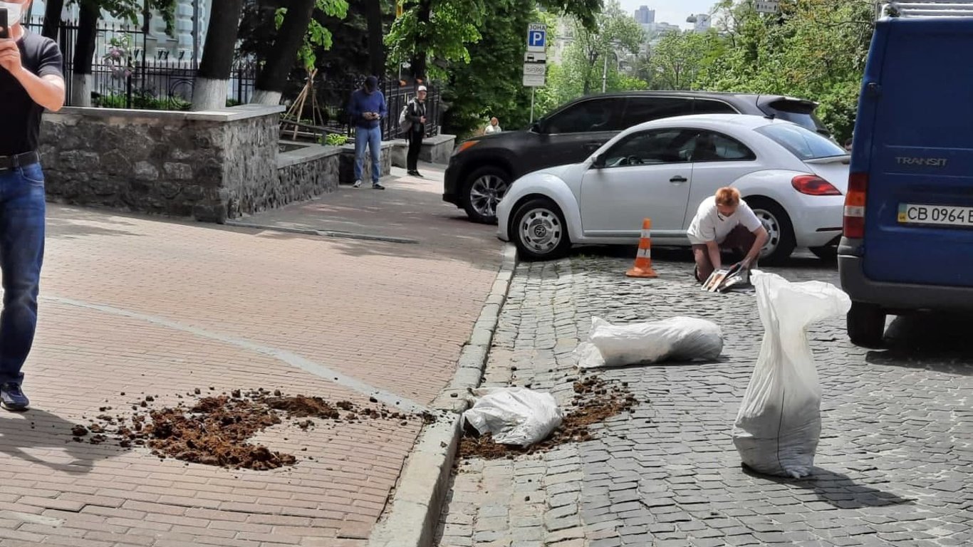 В Киеве перед посольством Беларуси рассыпали навоз. Фото
