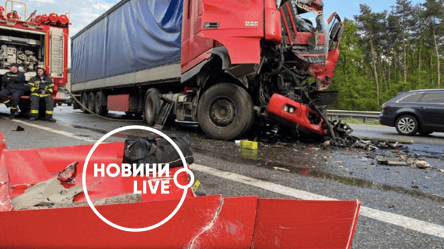 На Бориспольском шоссе в ДТП попали 5 грузовиков: пострадал водитель и образовалась пробка. Фото, видео - 285x160