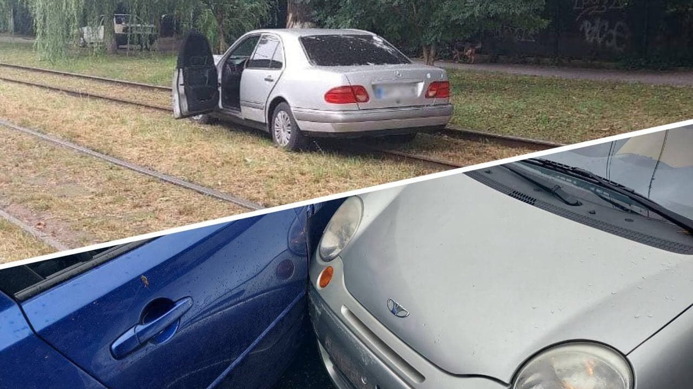 В Одессе Mercedes после столкновения с Daewoo отбросило на трамвайные пути