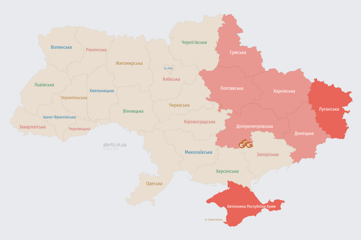 Карта воздушной тревоги в Украине 15 февраля