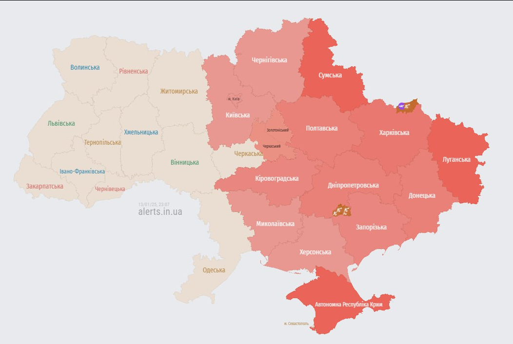Воздушная тревога поздно вечером 13 января 2025 года