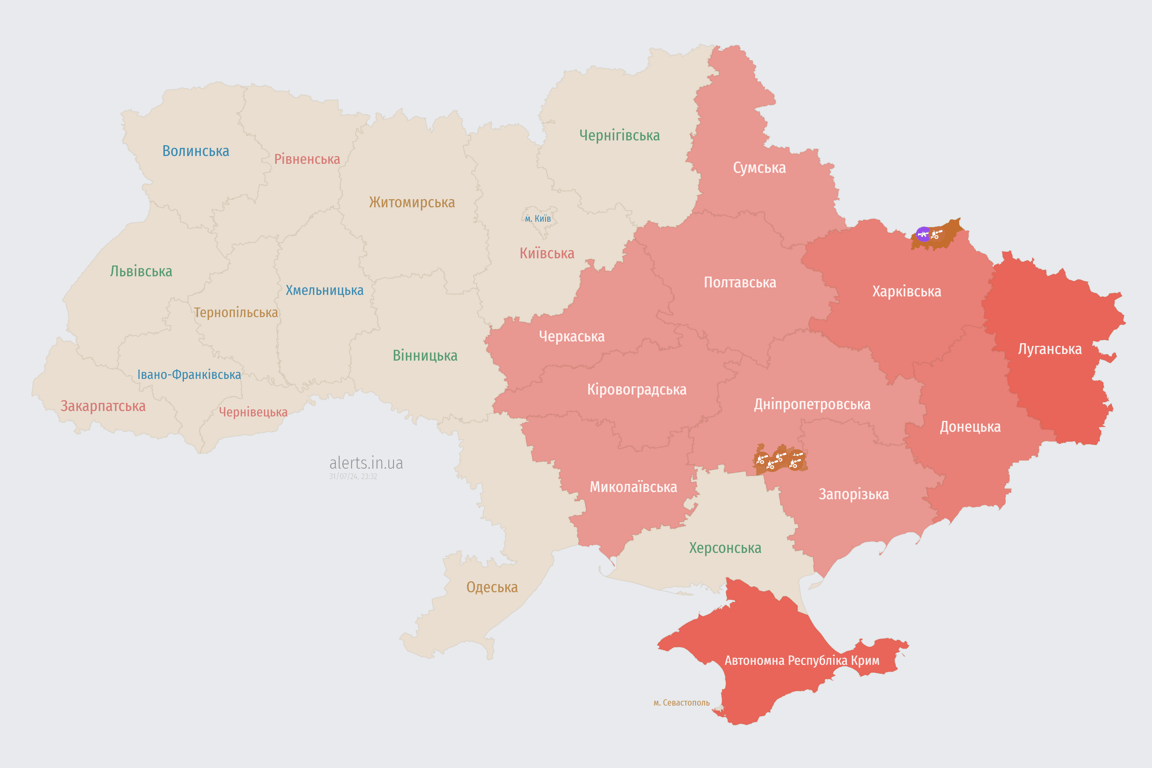 Карта повітряної тривоги зараз 31 липня