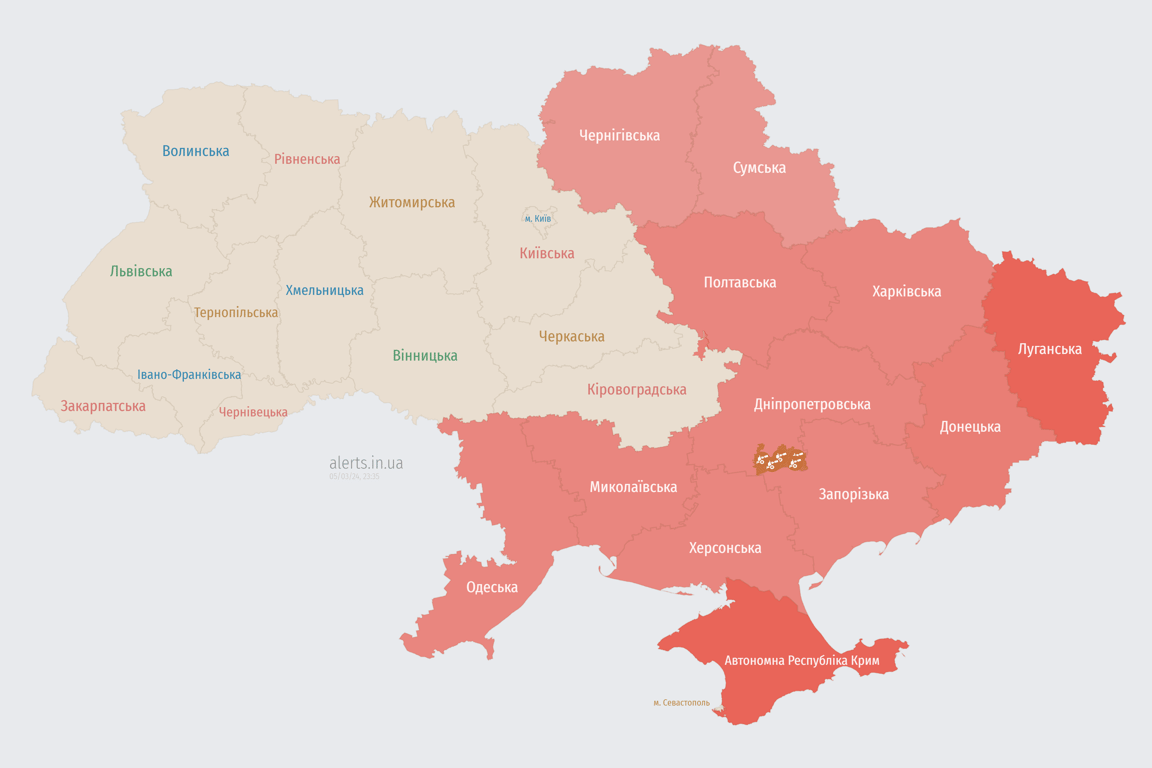 Карта воздушных тревог в Украине сегодня 5 марта