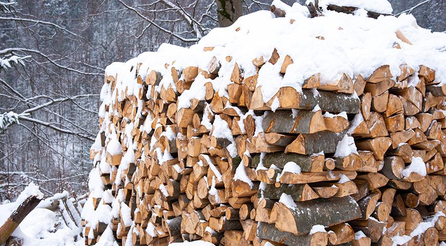 Складені дрова під снігом узимку.