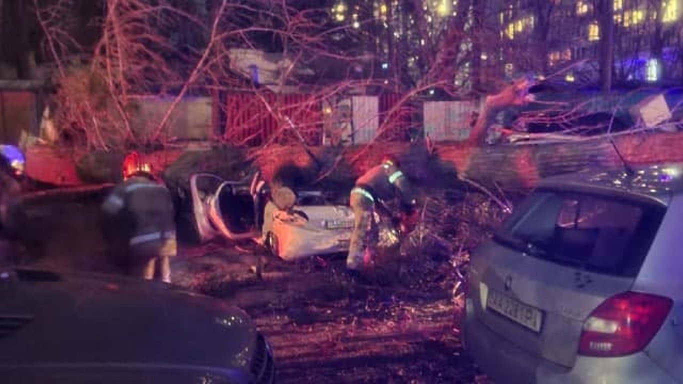 Сильный ветер в Киеве повалил столбы и деревья прямо на машины