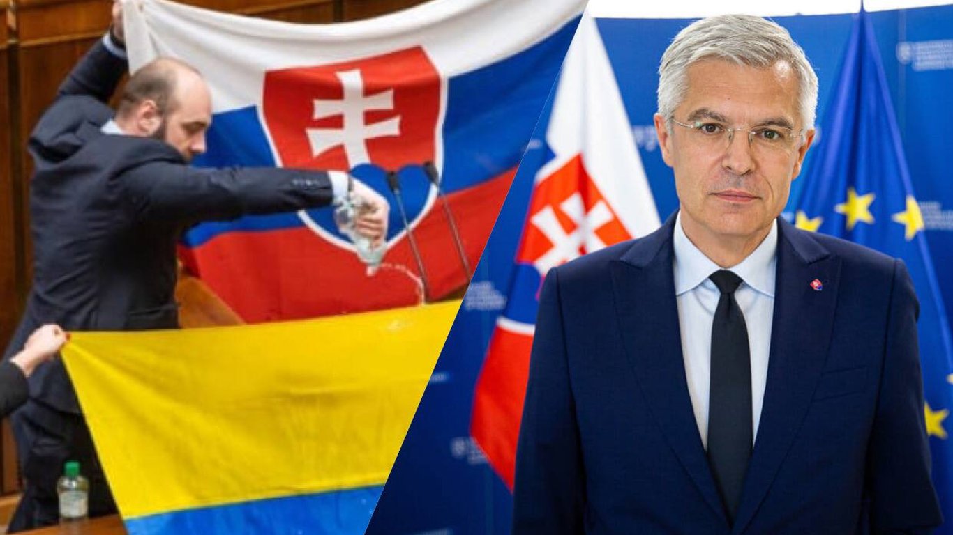 В парламенте Словакии депутат вылил воду на флаг Украины - видео