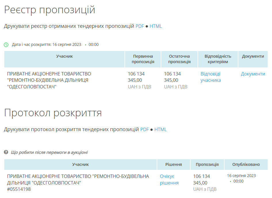 Реєстр пропозиції тендеру. Фото: скриншот