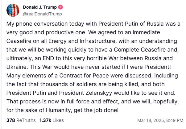 Трамп прокоментував перемовини з Путіним