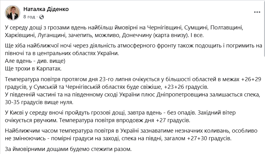 Якою буде погода в Україні 23 липня