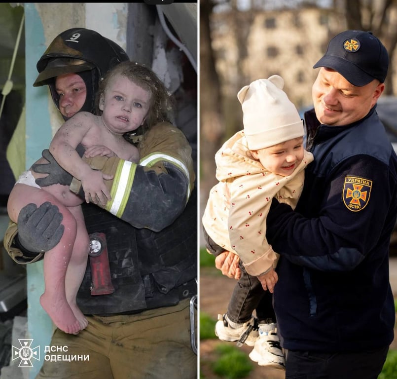 Рятувальник тримає на руках врятовану дівчинку
