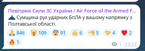 Скриншот повідомлення з телеграм-каналу "Повітряні сили ЗС України"