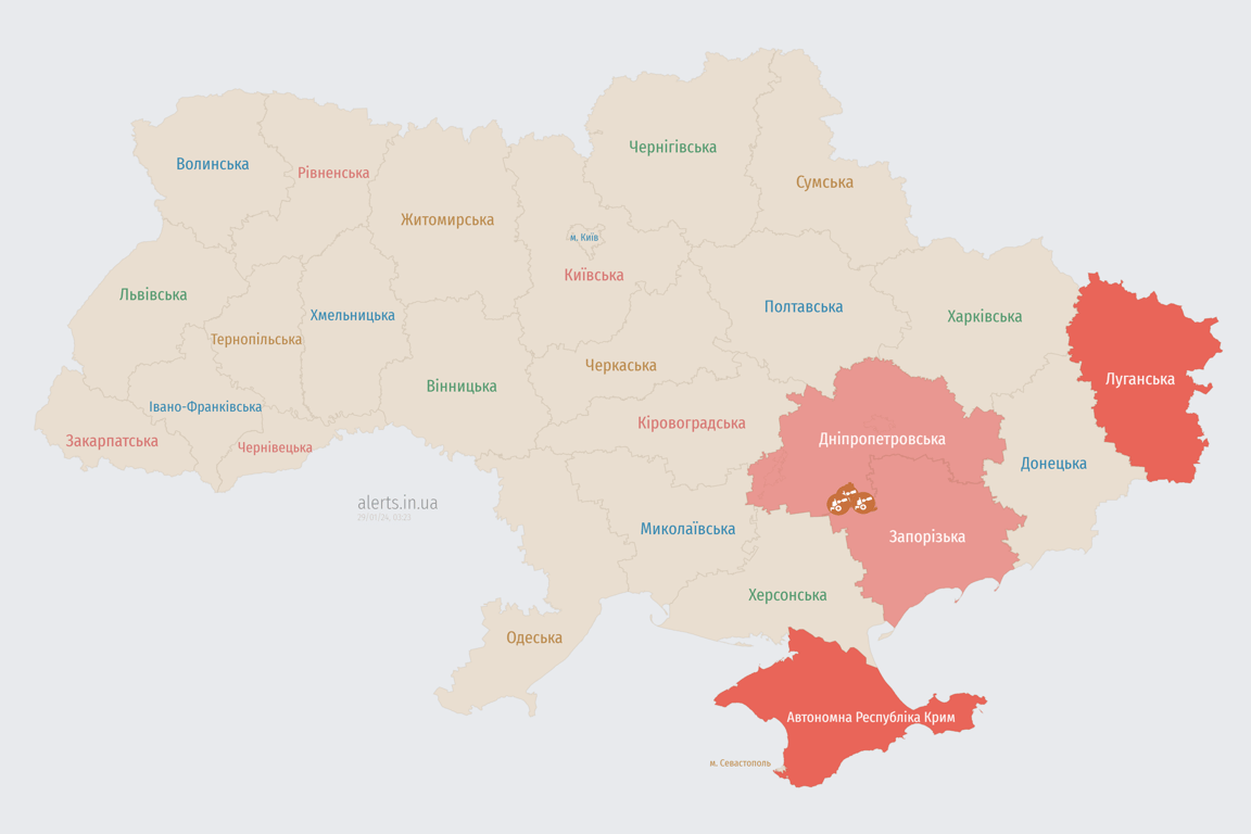Мапа повітряної тривоги в Україні сьогодні, 29 січня