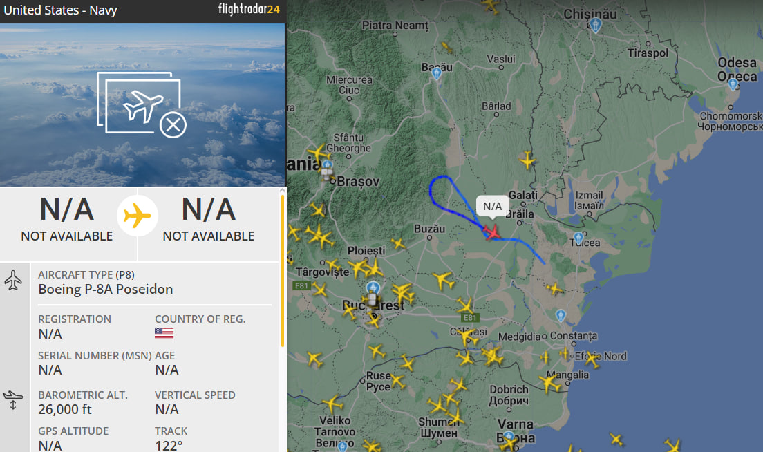 Самолет Boeing P-8A Poseidon патрулирует около Одесской области 19 июня