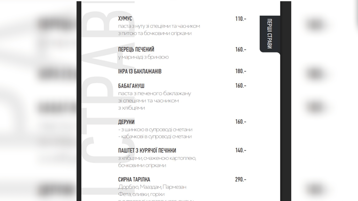 Ціни в ресторані середнього сегменту