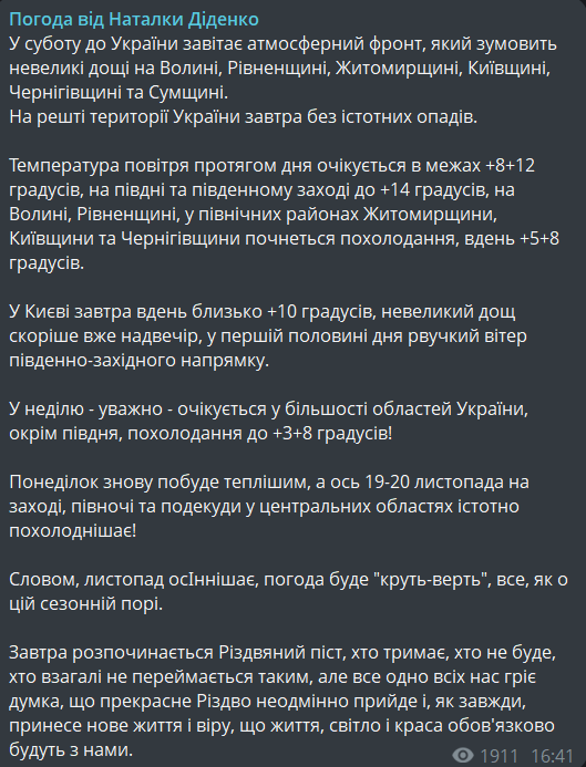 Прогноз погоди на 15 листопада