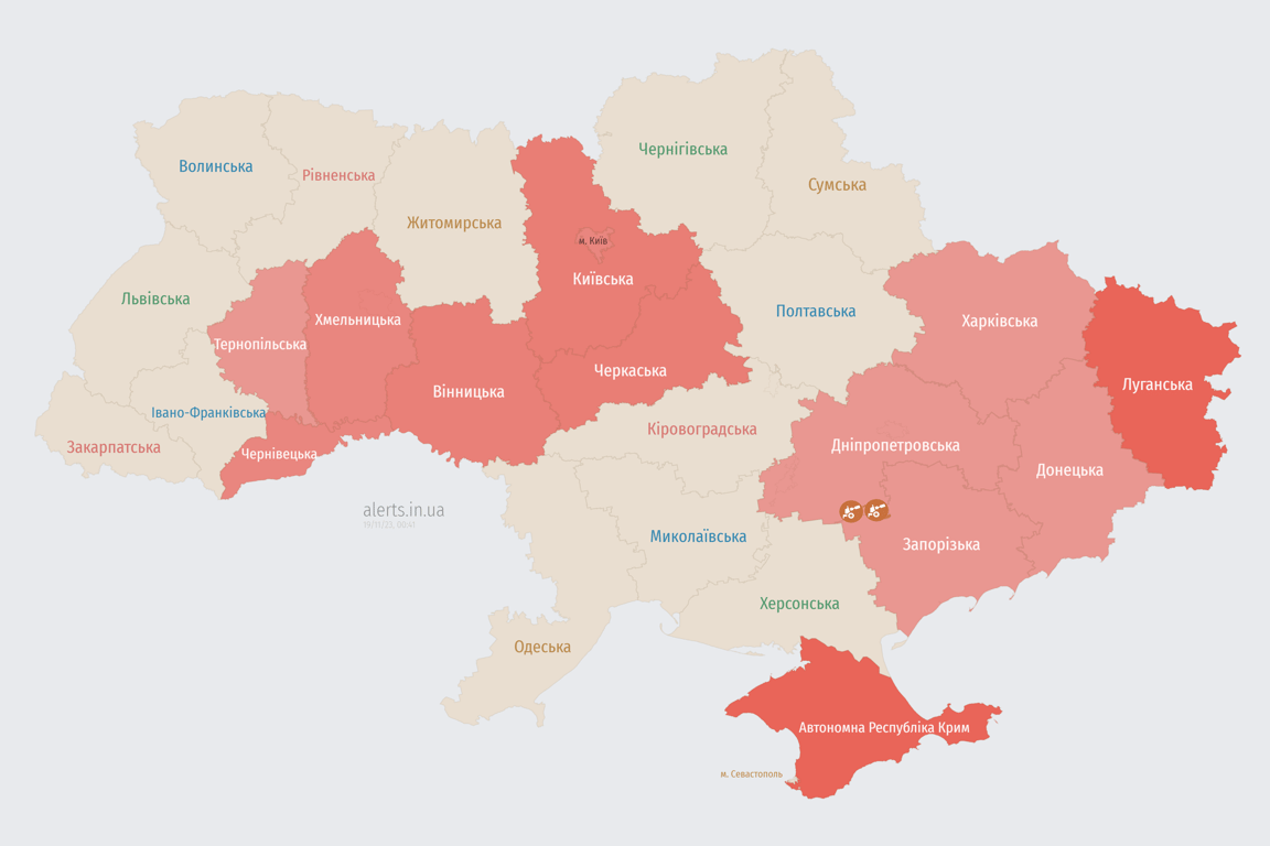 Карта воздушных тревог в Украине сегодня, 19 ноября