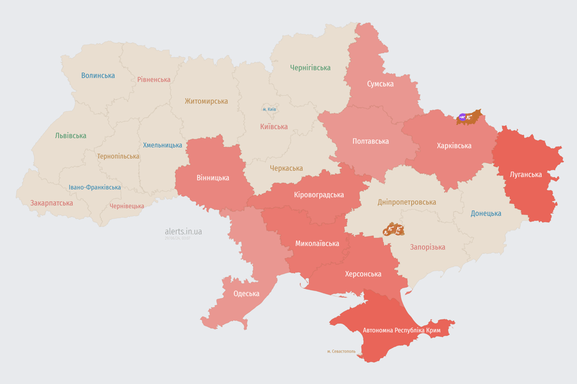 Мапа повітряної тривоги в Україні вночі 29 червня