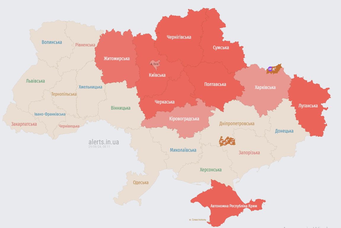 воздушная тревога в Украине 29 августа