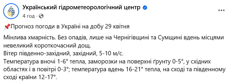 Погода в Україні на 29 квітня