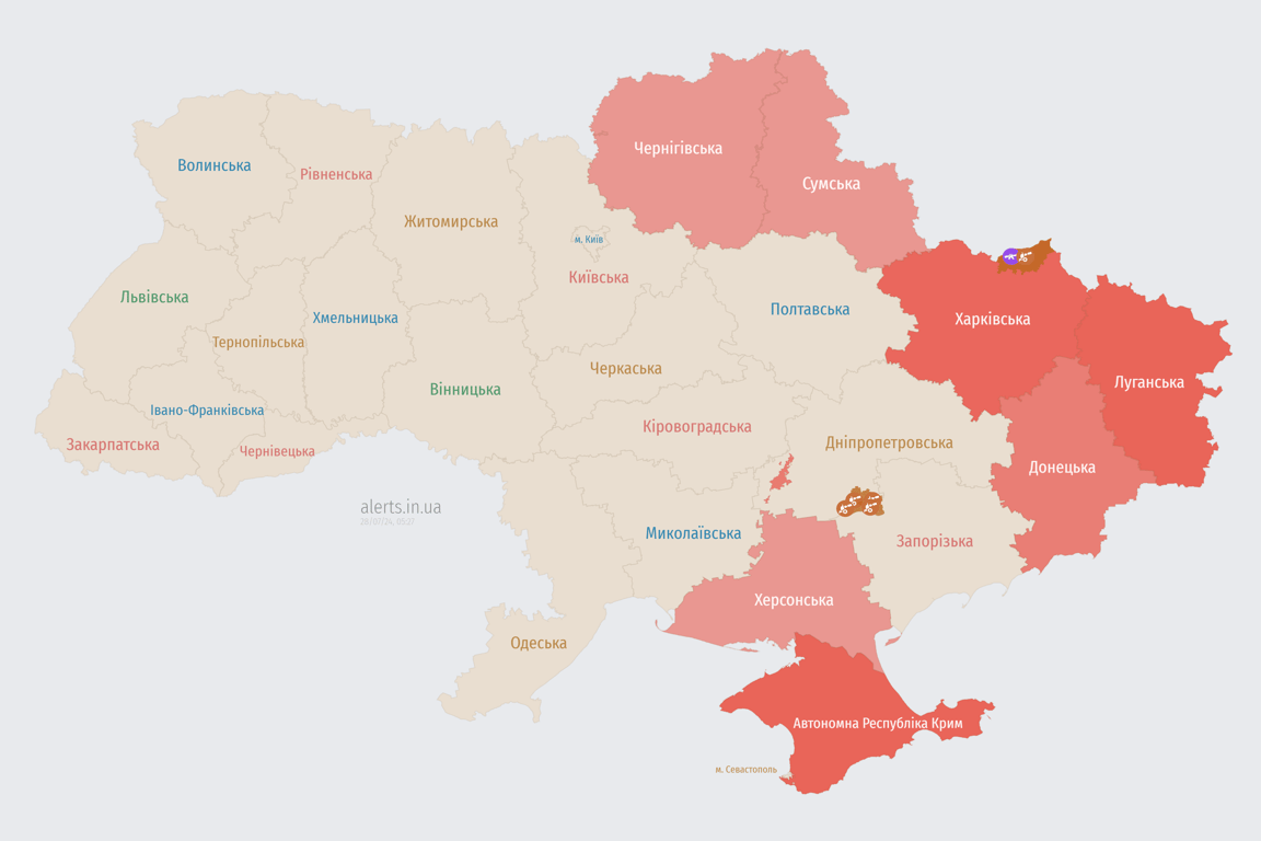 Карта тривоги вранці 28 липня