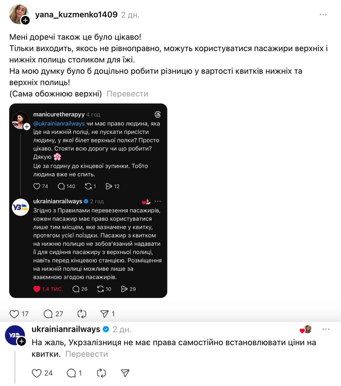 УЗ відповіла, чи планує зменшувати ціни на верхні полиці - фото 1