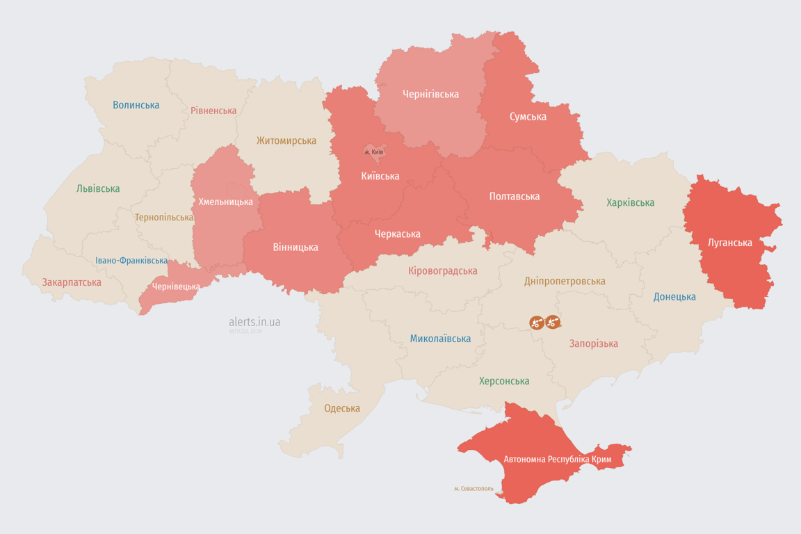 Карта воздушных тревог в Украине сегодня, 18 ноября