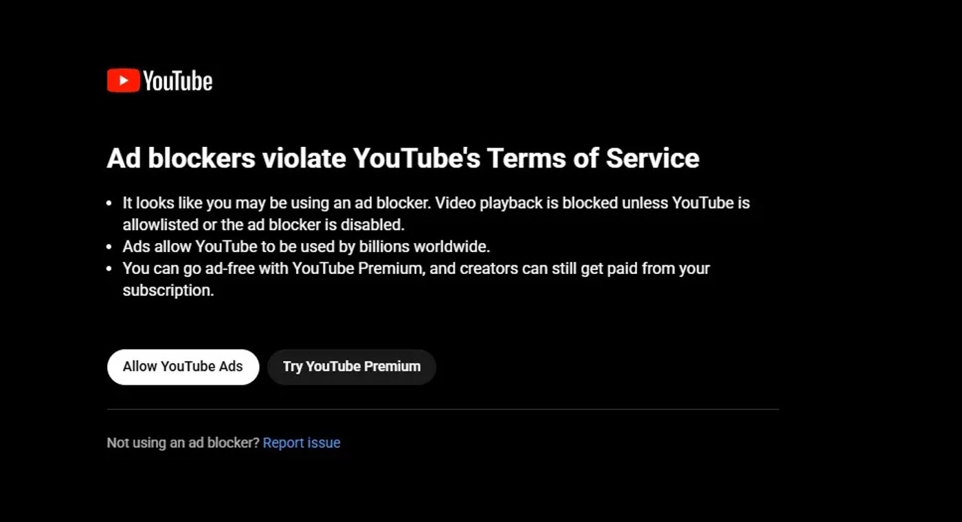 Сообщение YouTube про использование блокировщиков рекламы