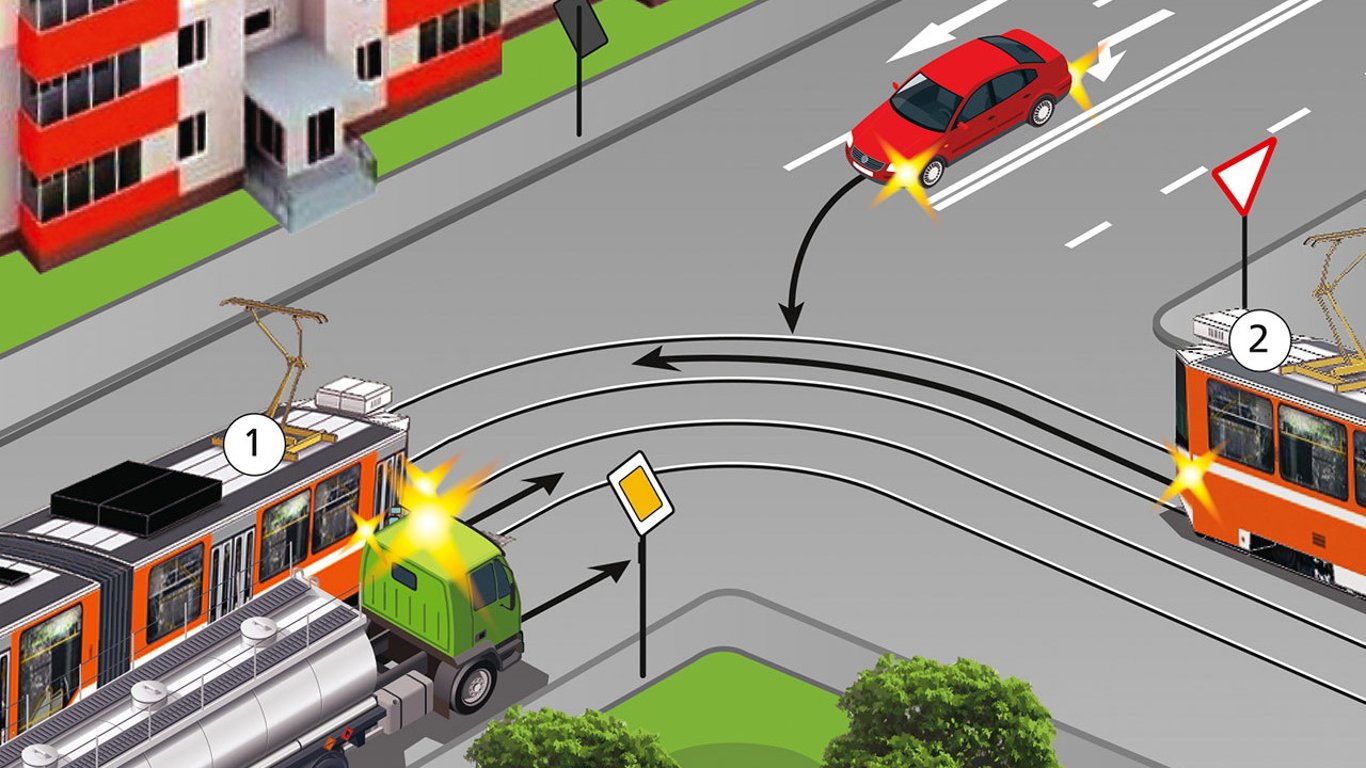 Заплутана задача з ПДР: чи має авто поступатися двом трамваям на перехресті