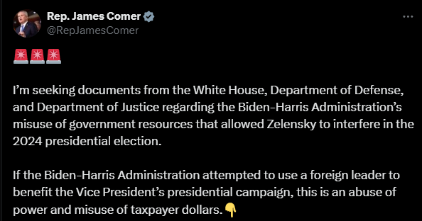 Джеймс Комер про початок розслідування візиту Зеленського