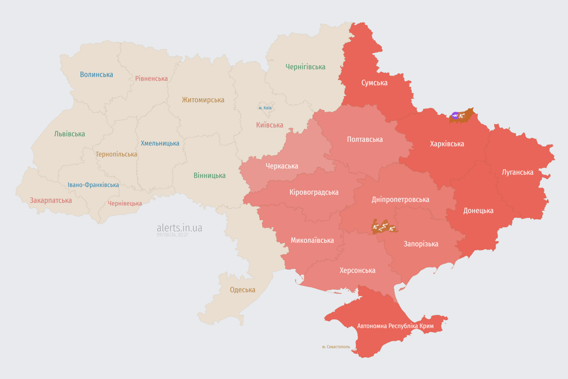 В яких областях повітряна тривога зараз 9 серпня