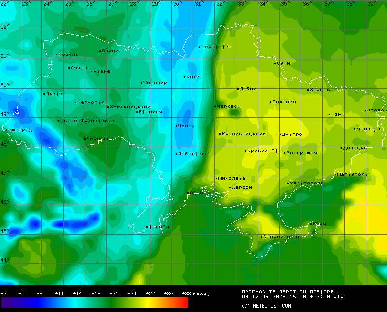 Карта температур від Meteopost.В центрі України значні дощі і грози — прогноз погоди на сьогодні - фото 2