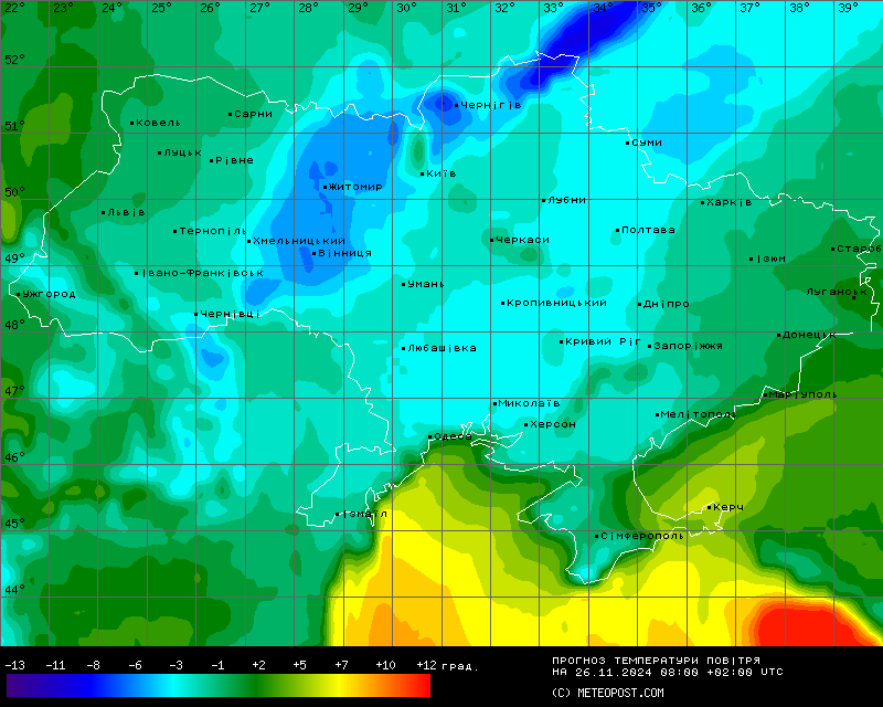 Карта температур в Украине на 26 ноября