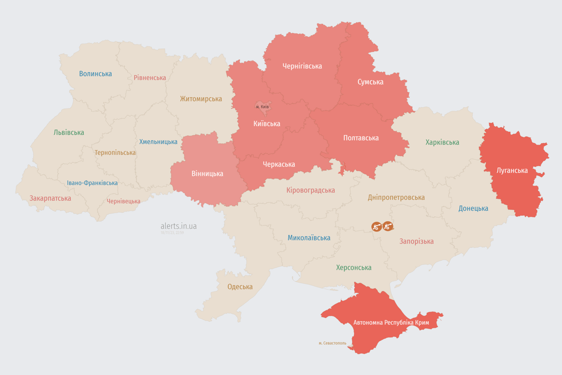 Мапа повітряних тривог в Україні сьогодні, 18 листопада