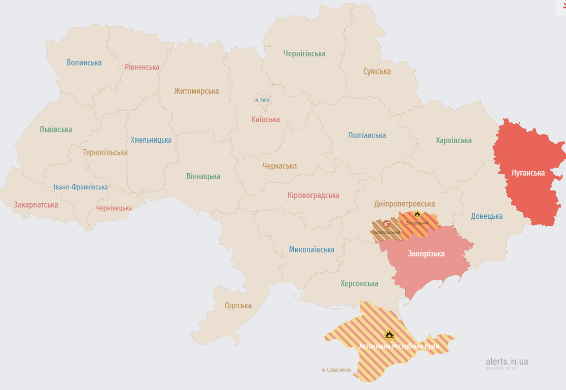Карта воздушных тревог вечером 30 августа. Фото: alerts.in.ua