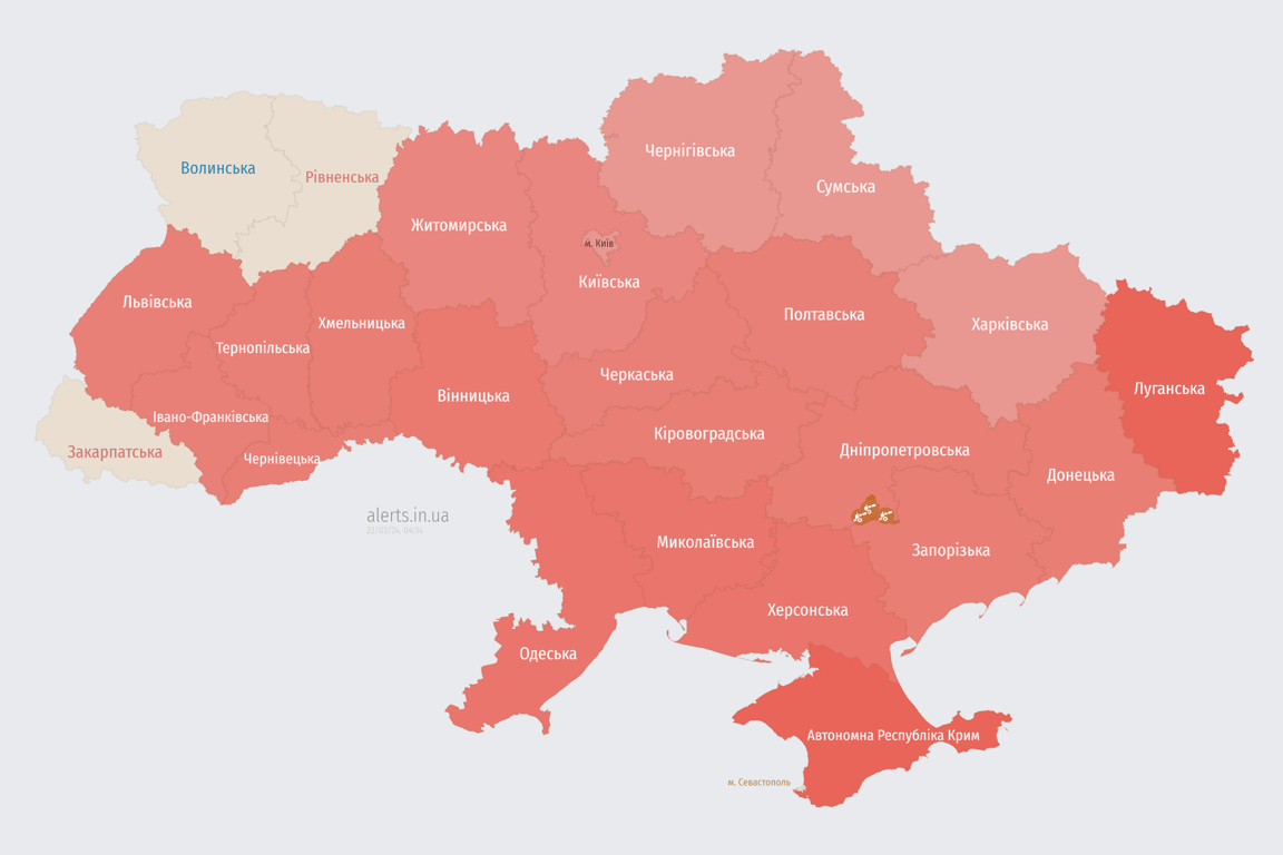 Мапа повітряної тривоги в Україні сьогодні, 22 березня
