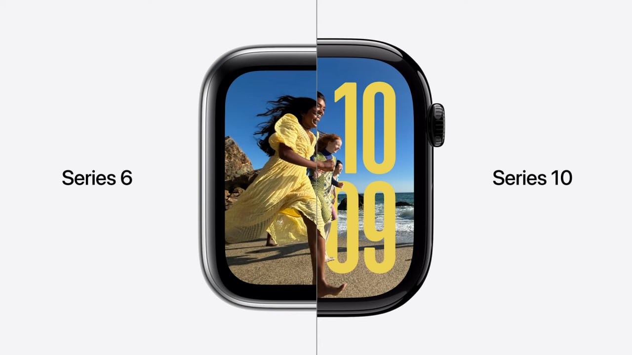 Сравнение дисплеев Watch Series 6 и Watch Series 10. Фото: Apple