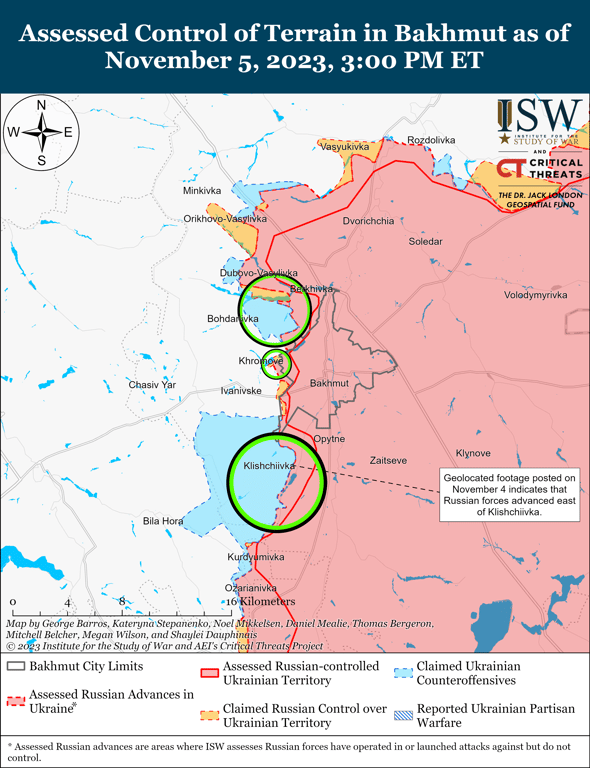 Карта бойових дій на Бахмутському напрямку від ISW