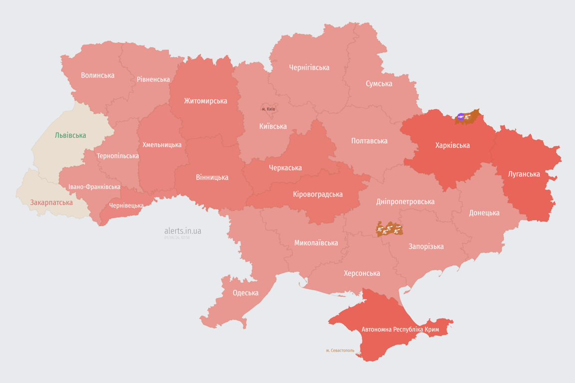 Мапа повітряної тривоги в Україні зараз 1 червня