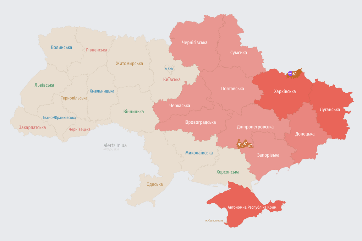 Мапа тривоги в ніч проти 8 липня