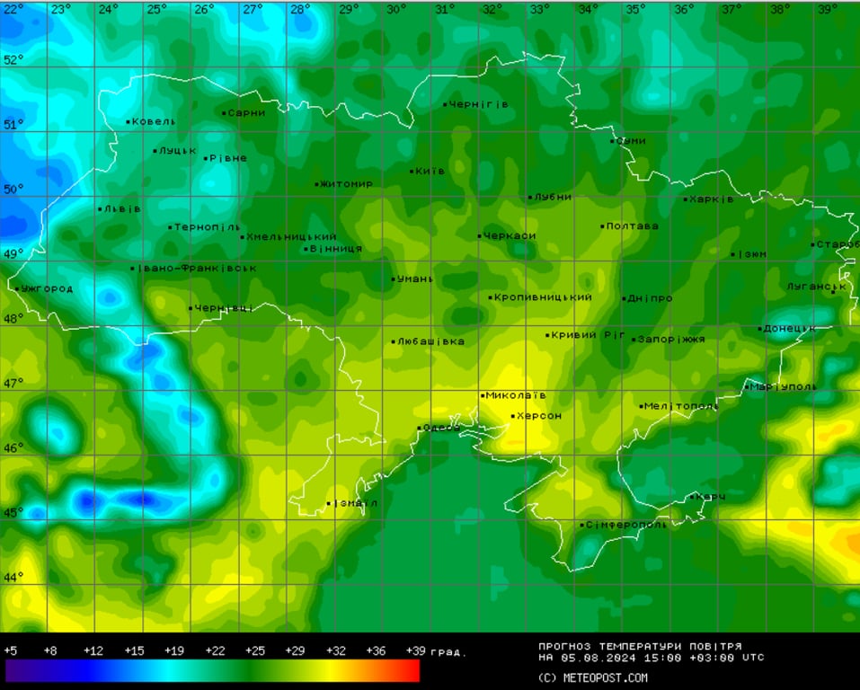 Прогноз температуры воздуха в Украине в понедельник, 5 августа Фото: meteopost.com