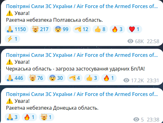 Скриншот повідомлення з телеграм-каналу "Повітряні сили ЗС України"