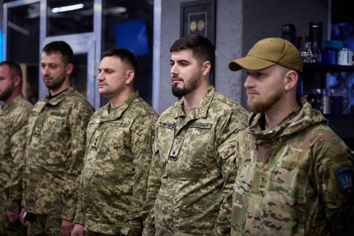 President Zelensky with soldiers of the 414th “Birds of Madyar” Brigade