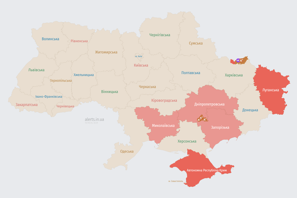 Карта повітряних тривог в Україні 18 червня 