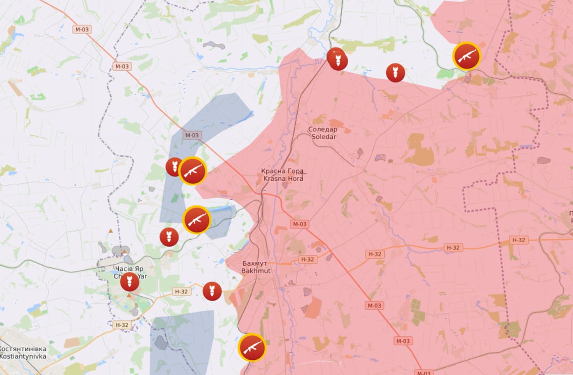 Карта боевых действий на Бахмутском направлении от Liveuamap