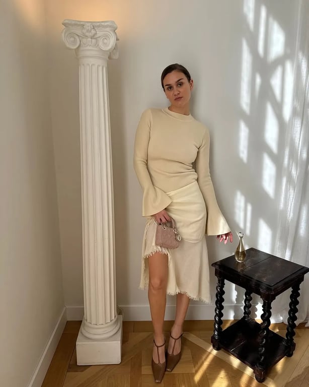 Long-Sleeve Knit Top + Asymmetric Skirt